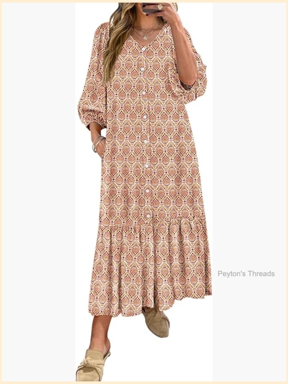 Boho Maxi Dress with Puff Sleeves Pockets Flowy Long Casual - Picture 1 of 7